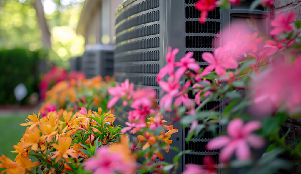 Air conditioning units in the background with colorful pink and orange flowers blooming in the foreground, set in a garden during spring time.