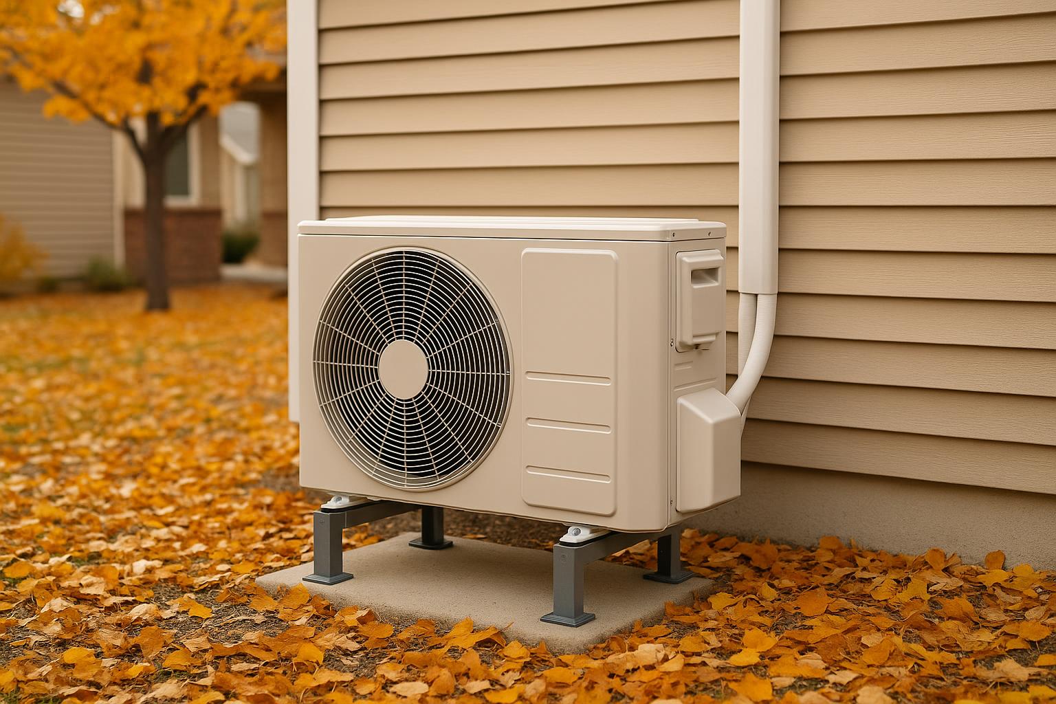 Outdoor ductless mini-split HVAC unit near a home, surrounded by autumn leaves, clean and ready for fall maintenance in Colorado Springs.
