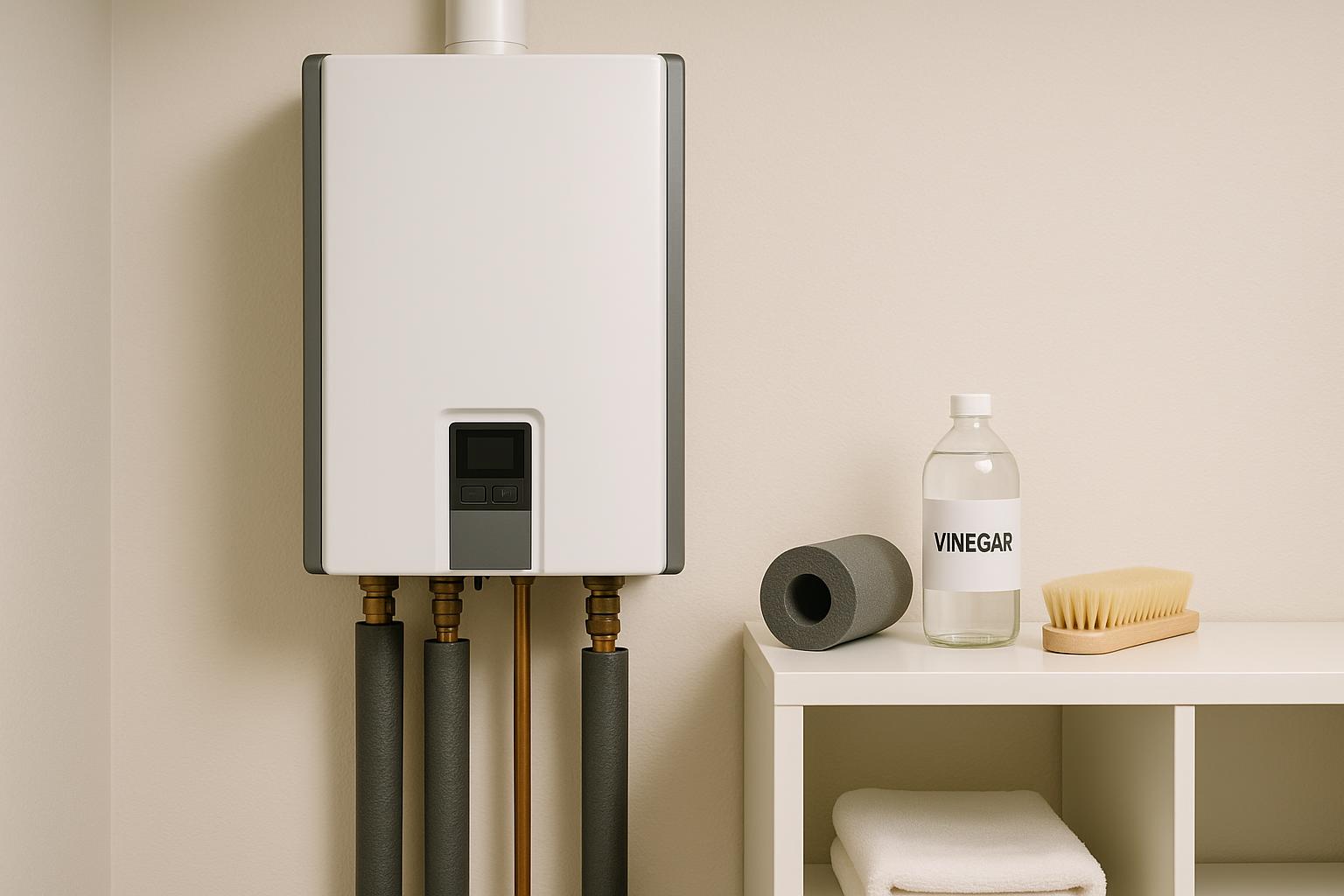 Stock photo showing a modern tankless water heater with insulated pipes and winter maintenance supplies, emphasizing home utility and efficiency.