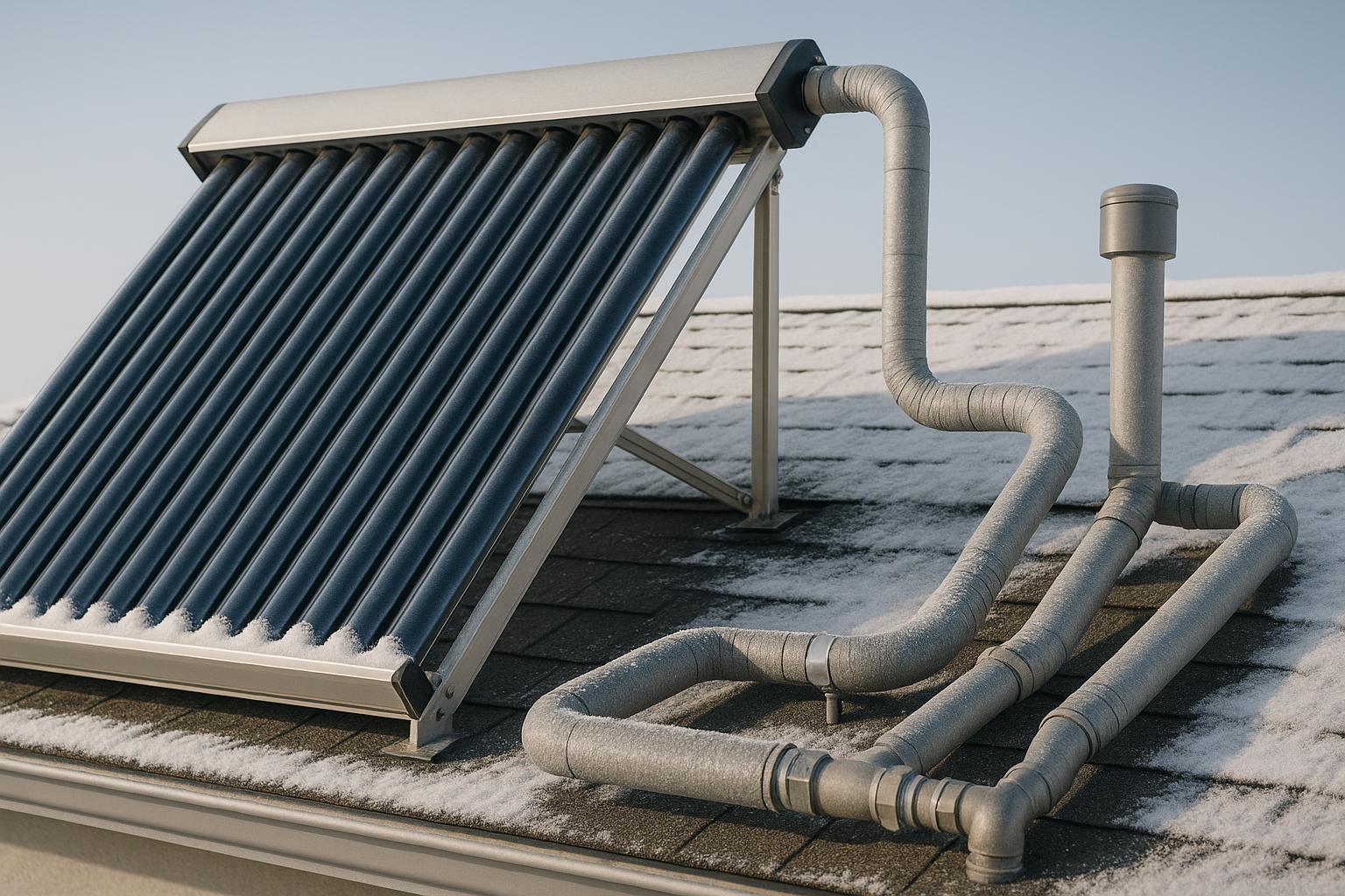 Stock photo of a rooftop solar hot water system with insulated pipes and a light layer of snow, illustrating winter maintenance in Colorado Springs.