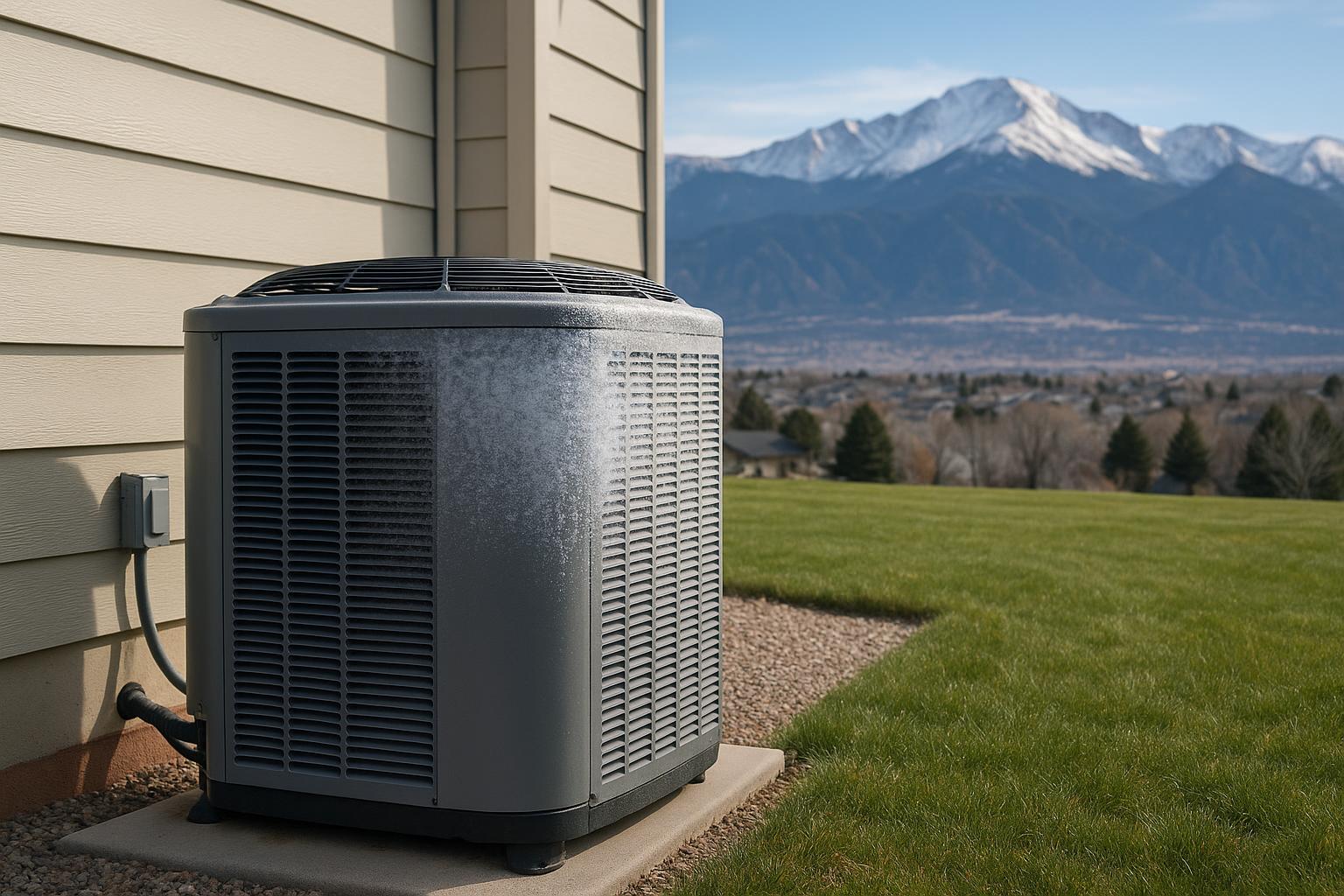 Outdoor heat pump unit with light frost buildup next to a house in Colorado Springs