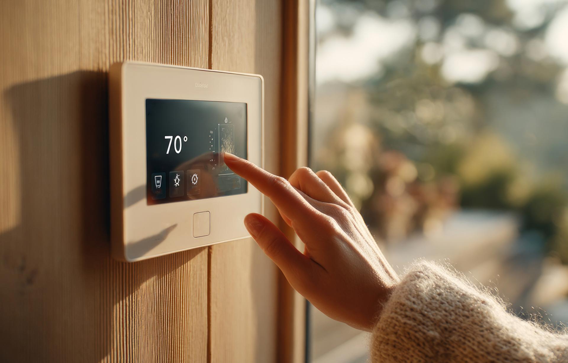 Woman using smart home system on wall mounted control panel