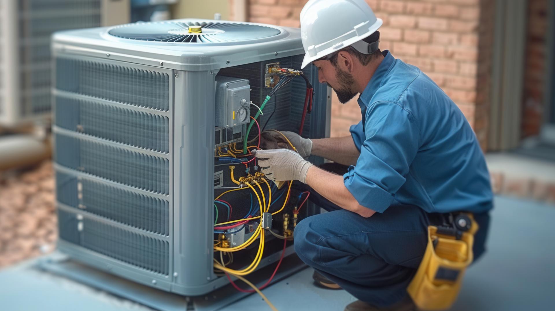An air conditioning technician working on electrical components of the ac unit on a sunny day.