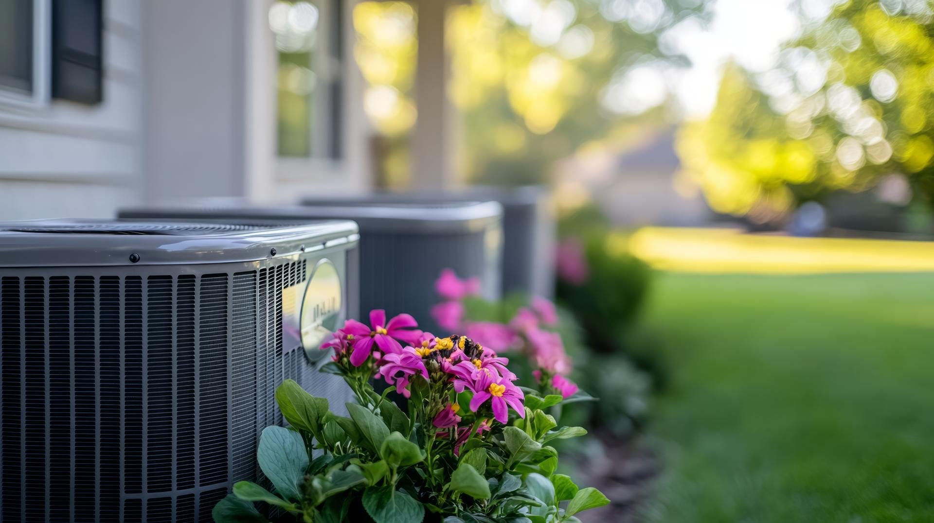 Three air conditioners in front of a house