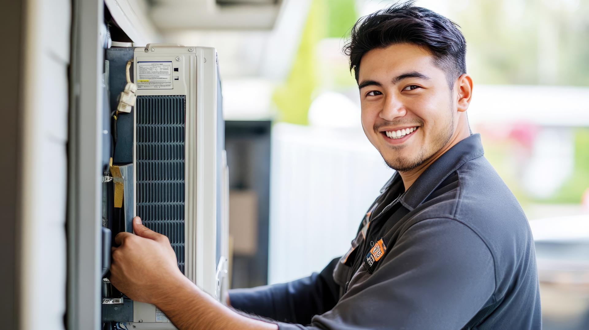 Technician performing maintenance on air conditioning unit at residential property
