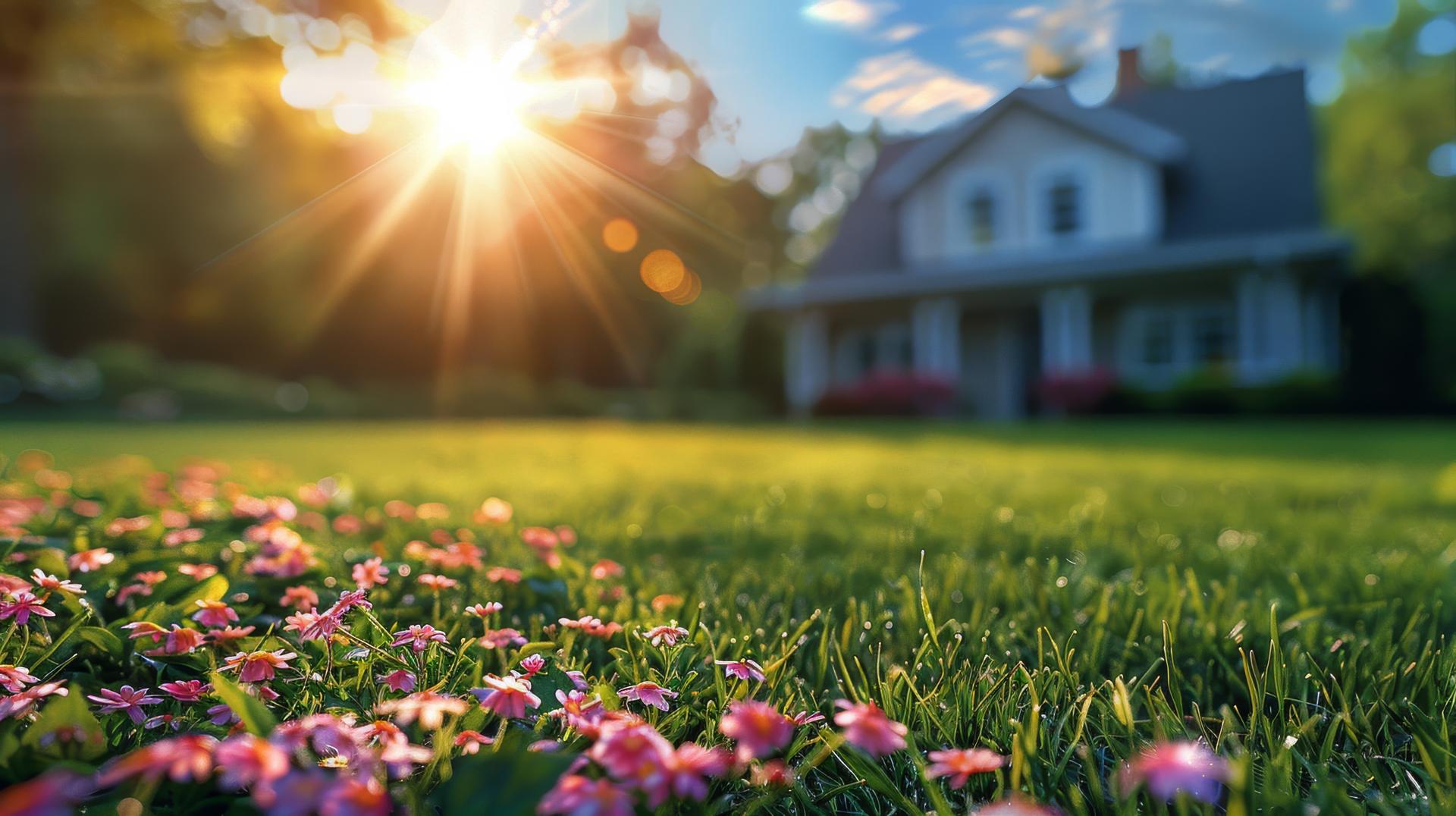 AI generated Bright Sun Shining Over Lawn With Pink Flowers