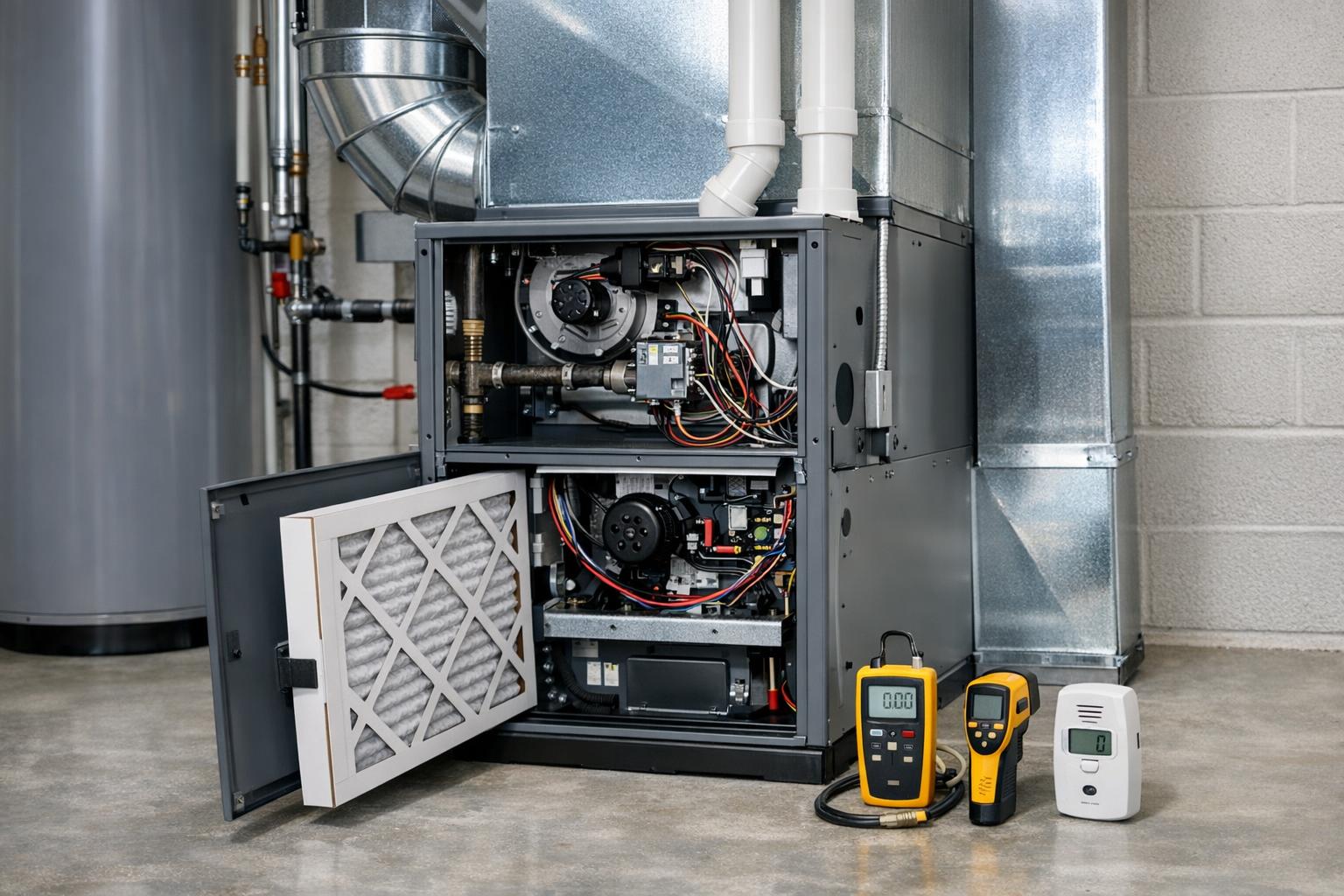Clean, modern residential furnace unit in a Colorado Springs home mechanical room, with visible ductwork, venting, new air filter, and HVAC tools nearby, emphasizing maintenance and efficiency.
